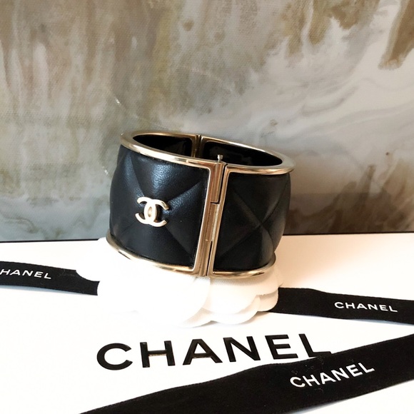 CHANEL Jewelry - Chanel Quilted Black Leather Gold CC Cuff Bracelet